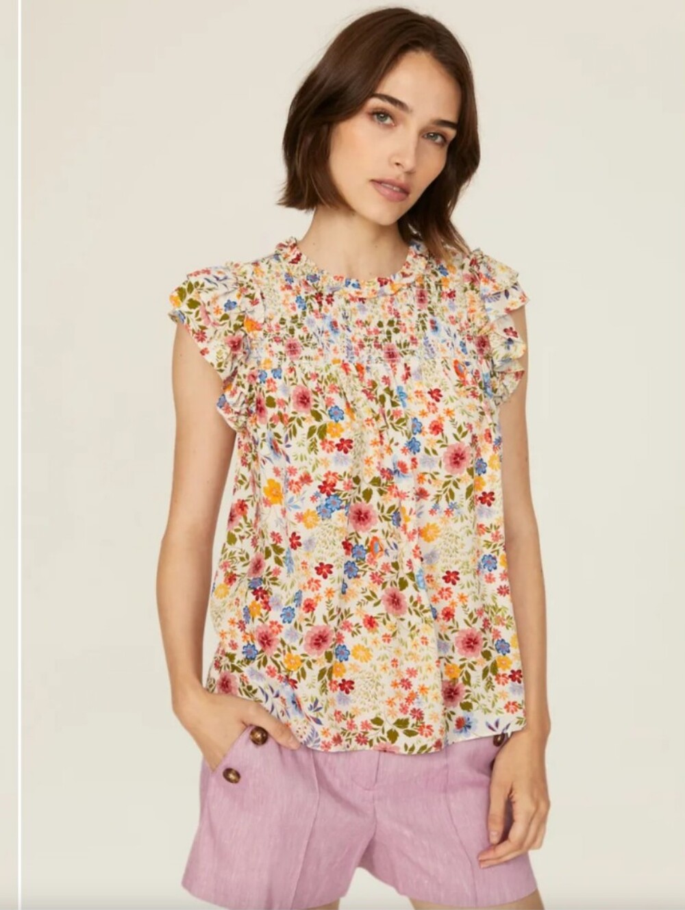 Shoshanna Malta Top Floral Blouse Smocked Ruffle Short Sleeve Medium